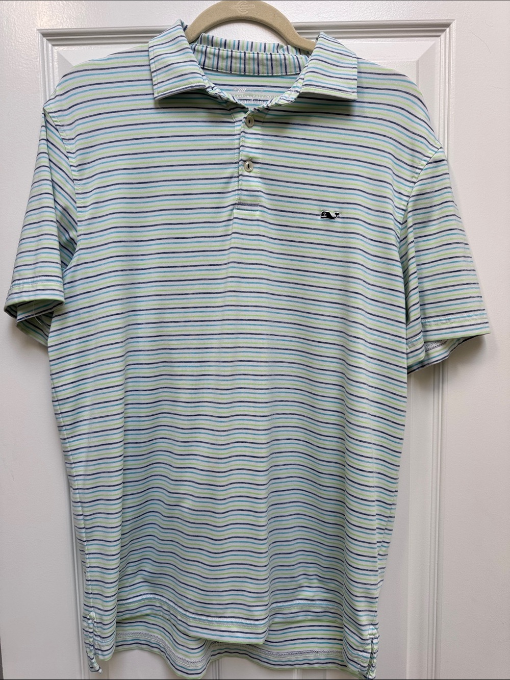 Vineyard Vines Sankaty Polo shirt navy blue/lime green/teal stripe size medium